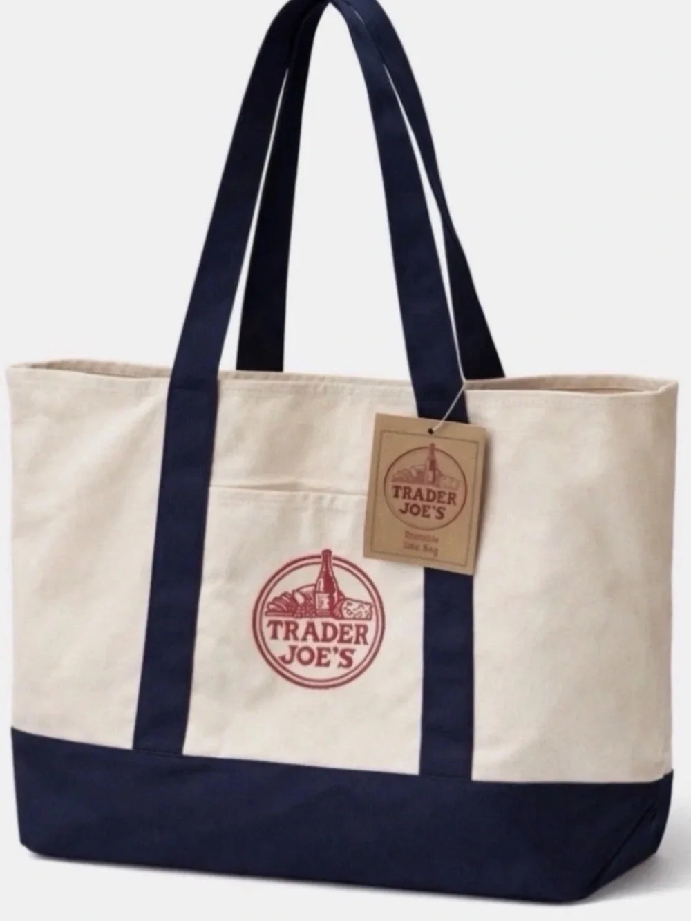 Trader Joe's Cream Canvas Tote with Navy Accents